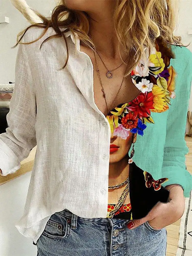 Shirt Camp Collar - المرأة الربيع والخريف طويلة الأكمام بدوره