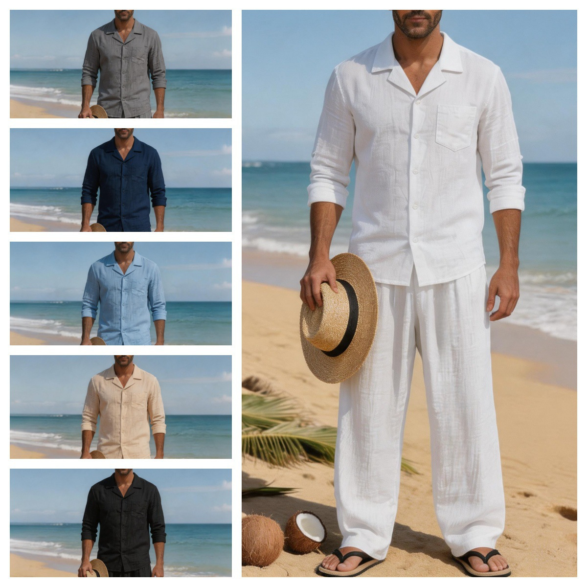Linen Shirt Breathable - بدلة شاطئية رجالية من الكتان فضفاضة
